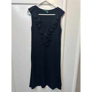Lauren‎ Ralph Lauren Black Ruffle V-Neck Sleeveless Midi Dress Womens XL Cotton
